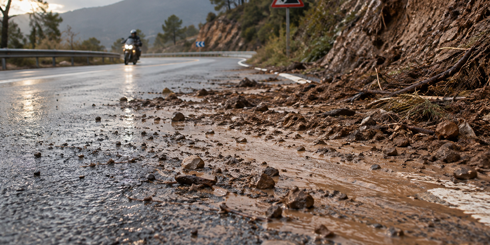 Barro y gravilla arrastrados hacia la carretera tras la lluvia en otoño