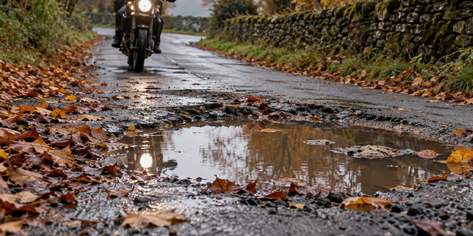 Charco ocultando una irregularidad del asfalto en una carretera de otoño