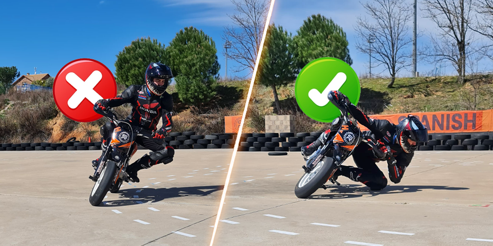 Comparativa de alumno al empezar el curso y realizando curva en moto con postura eficiente para girar con menos inclinacion y mayor control