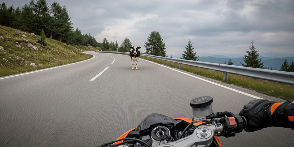 Motorista en curva con la mirada fijada en el obstaculo y peligro, ejemplo de fijación visual