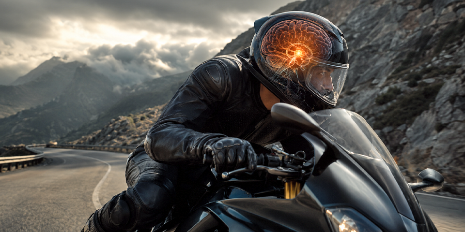 Neuroconducción Piloto sufriendo fijación visual en moto al mirar fijamente el guardarraíl exterior en una curva cerrada