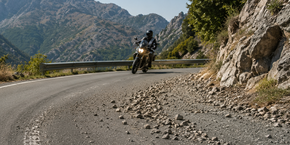 Grava suelta sobre el asfalto en una curva de carretera de montaña, un peligro habitual para motoristas que puede provocar pérdida de adherencia.