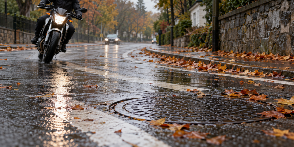 pintura y alcantarilla con lluvia en moto poca adherencia