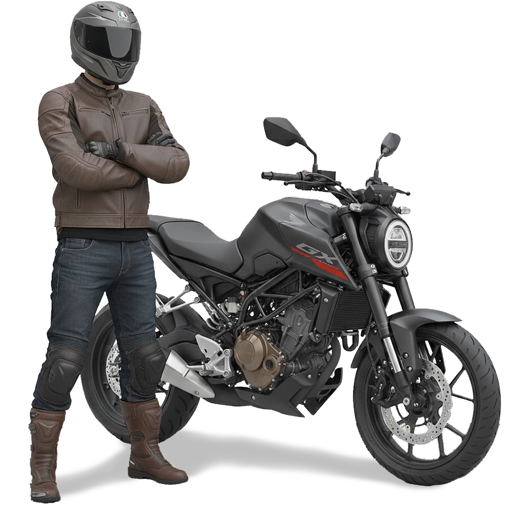 Piloto con casco junto a una moto naked: curso de iniciación en moto